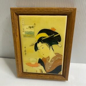 Framed Japanese Art Wooden Frame ceramic tile wall art Girl Tea Cup